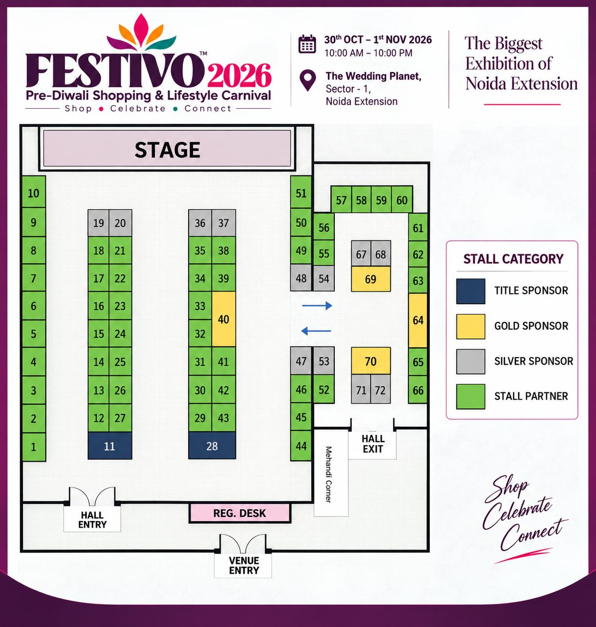 FESTIVO 2026 floor plan — 72 stalls, stage, hall entry and Mehendi corner